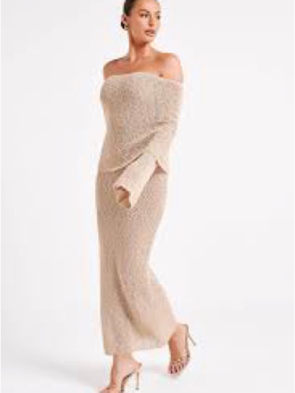 Marisol Off-Shoulder Boucle Long Knit Dress in Wheat Beige